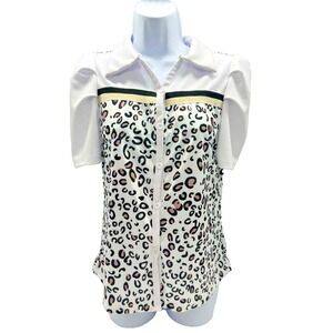 Annie Qin Fashion Button Front White Animal Print Short Puff Sleeve M Maximilast